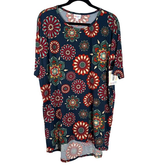 LuLaRoe IRMA Mandala Navy Blue Flowers Red Yellow Hi-Low Tunic Top Shirt SMALL S - Picture 1 of 6